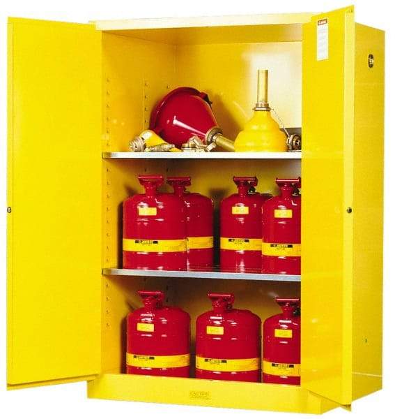 Justrite - 2 Door, 2 Shelf, Yellow Steel Standard Safety Cabinet for Flammable and Combustible Liquids - 65" High x 43" Wide x 34" Deep, Manual Closing Door, 3 Point Key Lock, 90 Gal Capacity - Exact Tool & Supply