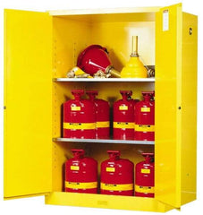 Justrite - 2 Door, 2 Shelf, Yellow Steel Standard Safety Cabinet for Flammable and Combustible Liquids - 65" High x 43" Wide x 34" Deep, Manual Closing Door, 3 Point Key Lock, 90 Gal Capacity - Exact Tool & Supply