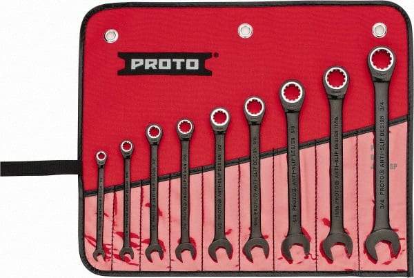 Proto - 9 Piece, 1/4" to 3/4", Ratcheting Combination Wrench Set - 12 Point, Black/Chrome Finish, Comes in Pouch - Exact Tool & Supply