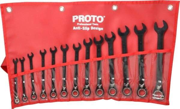Proto - 13 Piece, 7mm to 19mm, 12 Point Combination Wrench Set - Metric Measurement Standard, Black/Chrome Finish, Comes in Pouch - Exact Tool & Supply
