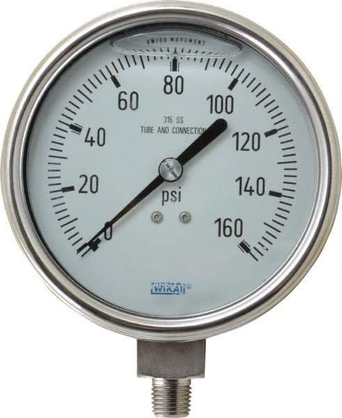 Wika - 4" Dial, 1/4 Thread, 0-160 Scale Range, Pressure Gauge - Lower Connection Mount, Accurate to 1% of Scale - Exact Tool & Supply