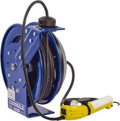 CoxReels - 16 AWG, 35' Cable Length, Cord & Cable Reel with Fluorescent Angle Light with Tool Tap Plug End - 1 Outlet, 13 Amps, 115 Volts, SJTO Cable, Blue Reel, Spring Driven Reel - Exact Tool & Supply