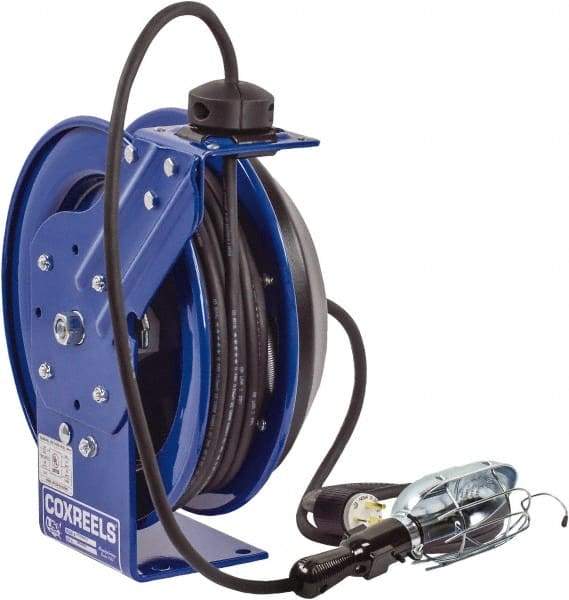 CoxReels - 16 AWG, 35' Cable Length, Cord & Cable Reel with Incandescent Hand Lamp with Tool Tap Plug End - 1 Outlet, NEMA 5-15R, 13 Amps, 115 Volts, SJTO Cable, Blue Reel, Spring Driven Reel - Exact Tool & Supply