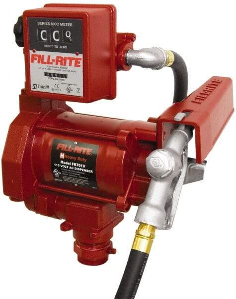 Tuthill - 20 GPM, 3/4" Hose Diam, AC Tank Pump with Manual Nozzle & 807C Meter - 1-1/4" Inlet, 3/4" Outlet, 115 Volts, 12' Hose Length, 1/3 hp - Exact Tool & Supply
