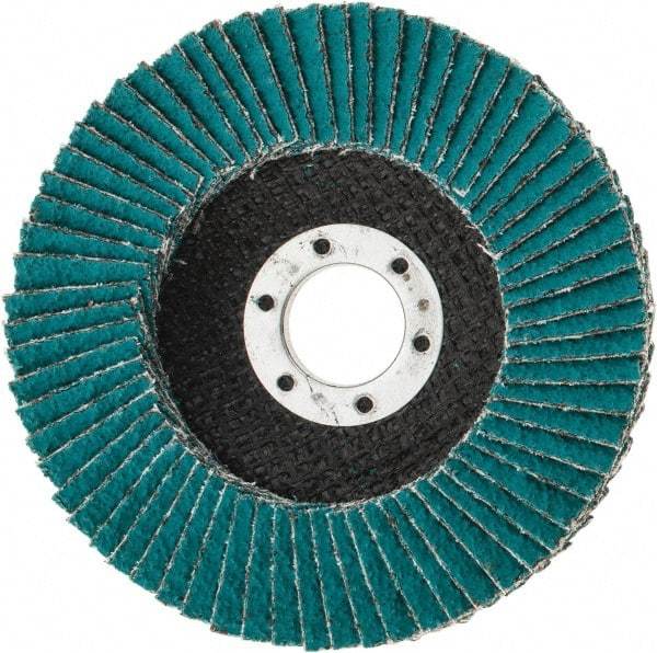 3M - 36 Grit, 4-1/2" Disc Diam, 7/8" Center Hole, Type 27 Zirconia Alumina Flap Disc - 13,300 Max RPM, Cloth Backing, Arbor Attaching System, Coated - Exact Tool & Supply