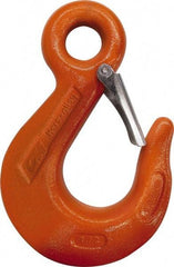 CM - Chain Grade 100, 4,300 Lbs. Load Limit Eye Sling Hook with Latch - 2-1/2 Inch Hook Throat, 4-3/4 Inch Reach, 0.63 Inch Eye Inside Diameter, 9/32 Inch Chain Diameter, 6.45 Inch Overall Length, 0.47 Inch Eye Thickness - Exact Tool & Supply
