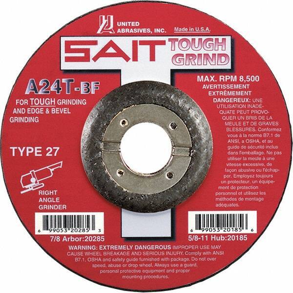 Sait - 24 Grit, 5" Wheel Diam, 1/4" Wheel Thickness, 7/8" Arbor Hole, Type 27 Depressed Center Wheel - Aluminum Oxide, Resinoid Bond, T Hardness, 12,200 Max RPM, Compatible with Angle Grinder - Exact Tool & Supply