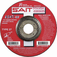 Sait - 24 Grit, 5" Wheel Diam, 1/4" Wheel Thickness, 7/8" Arbor Hole, Type 27 Depressed Center Wheel - Aluminum Oxide, Resinoid Bond, T Hardness, 12,200 Max RPM, Compatible with Angle Grinder - Exact Tool & Supply
