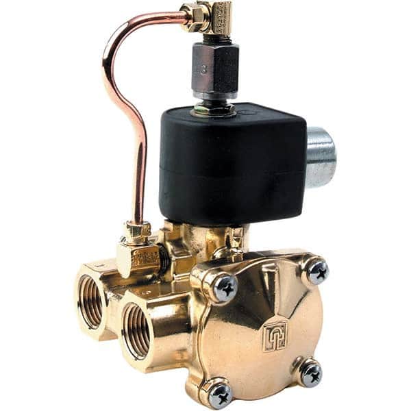 Parker - 120/60 - 110/50 VAC 3/8" NPT Port Brass Three-Way Internally Piloted Diaphragm Solenoid Valve - Exact Tool & Supply