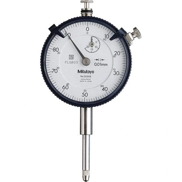 Mitutoyo - 20mm Range, 0-100 Dial Reading, 0.01mm Graduation Dial Drop Indicator - 57mm Dial, 1mm Range per Revolution, 0.2mm Accuracy, Revolution Counter - Exact Tool & Supply