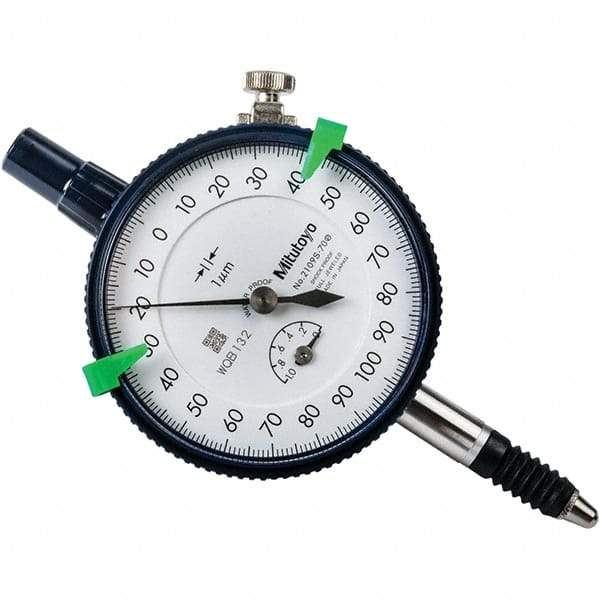 Mitutoyo - 1mm Range, 0-100-0 Dial Reading, 0.001mm Graduation Dial Drop Indicator - 57mm Dial, 0.2mm Range per Revolution, 0.005mm Accuracy, Revolution Counter - Exact Tool & Supply