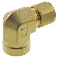 Parker - 3/8" OD, Brass Female Elbow - 2,300 Max Working psi, 7/8" Hex, Comp x FNPT Ends - Exact Tool & Supply