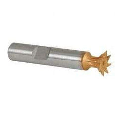 Made in USA - 1/2" Diam x 1/8" Width of Cut, 45° Included Angle, High Speed Steel Dovetail Cutter - 3/8" Shank Diam, 2" Shank Length, 2-1/8" Overall Length, Weldon Flat, TiN Coated - Exact Tool & Supply