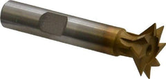 Made in USA - 3/4" Diam x 3/16" Width of Cut, 45° Included Angle, High Speed Steel Dovetail Cutter - 3/8" Shank Diam, 1-15/16" Shank Length, 2-1/8" Overall Length, Weldon Flat, TiN Coated - Exact Tool & Supply
