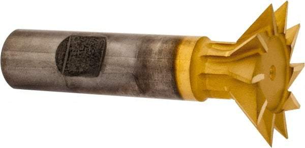Made in USA - 1-3/8" Diam x 3/8" Width of Cut, 45° Included Angle, High Speed Steel Dovetail Cutter - 5/8" Shank Diam, 2-1/2" Shank Length, 2-7/8" Overall Length, Weldon Flat, TiN Coated - Exact Tool & Supply