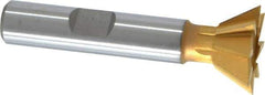 Made in USA - 3/4" Diam x 5/16" Width of Cut, 60° Included Angle, High Speed Steel Dovetail Cutter - 3/8" Shank Diam, 2-1/8" Overall Length, Weldon Flat, TiN Coated - Exact Tool & Supply
