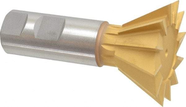 Made in USA - 2-1/4" Diam x 1-1/16" Width of Cut, 60° Included Angle, High Speed Steel Dovetail Cutter - 1" Shank Diam, 3-3/4" Overall Length, Weldon Flat, TiN Coated - Exact Tool & Supply