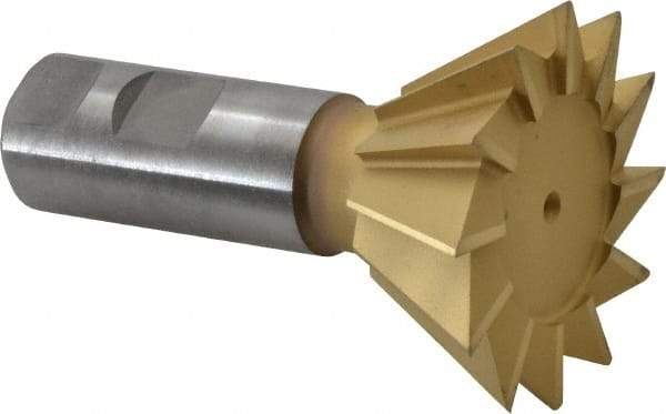 Made in USA - 2-1/2" Diam x 1-1/8" Width of Cut, 60° Included Angle, High Speed Steel Dovetail Cutter - 1" Shank Diam, 3-3/4" Overall Length, Weldon Flat, TiN Coated - Exact Tool & Supply