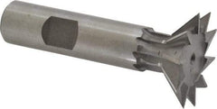 Made in USA - 1-3/8" Diam x 3/8" Width of Cut, 45° Included Angle, High Speed Steel Dovetail Cutter - 5/8" Shank Diam, 2-1/2" Shank Length, 2-7/8" Overall Length, Weldon Flat, Uncoated - Exact Tool & Supply