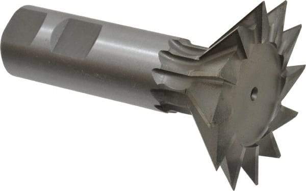 Made in USA - 2-1/2" Diam x 3/4" Width of Cut, 45° Included Angle, High Speed Steel Dovetail Cutter - 1" Shank Diam, 3" Shank Length, 3-3/4" Overall Length, Weldon Flat, Uncoated - Exact Tool & Supply