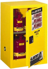 Justrite - 1 Door, 1 Shelf, Yellow Steel Space Saver Safety Cabinet for Flammable and Combustible Liquids - 35" High x 23-1/4" Wide x 18" Deep, Manual Closing Door, 12 Gal Capacity - Exact Tool & Supply
