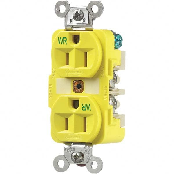 Hubbell Wiring Device-Kellems - 125V 15A NEMA 5-15R Industrial Grade Yellow Straight Blade Duplex Receptacle - Exact Tool & Supply