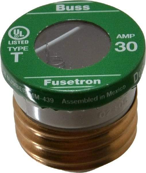 Cooper Bussmann - 125 VAC, 30 Amp, Time Delay Plug Fuse - Fuse Holder Mount, 2.38" OAL, 10 (RMS Symmetrical) kA Rating, 2-1/4" Diam - Exact Tool & Supply