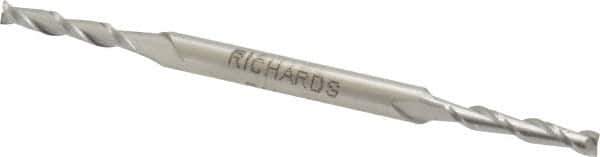 Made in USA - 1/8", 3/4" LOC, 3/16" Shank Diam, 3-1/8" OAL, 2 Flute, Cobalt Square End Mill - Double End, Uncoated, Spiral Flute, 30° Helix, Centercutting - Exact Tool & Supply