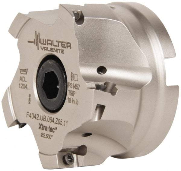 Walter - 5 Inserts, 4" Cut Diam, 1-1/2" Arbor Diam, 0.591" Max Depth of Cut, Indexable Square-Shoulder Face Mill - 0/90° Lead Angle, 2.48" High, AD.T 1606.. Insert Compatibility, Series F4042 - Exact Tool & Supply