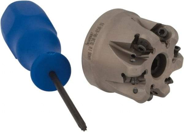 Iscar - 1-1/2" Cut Diam, 0.295" Max Depth, 1/2" Arbor Hole, 6 Inserts, H400 RNHU 1004 Insert Style, Indexable Copy Face Mill - H400 FR-10 Cutter Style, 1.4" High, Through Coolant, Series Heliquad - Exact Tool & Supply