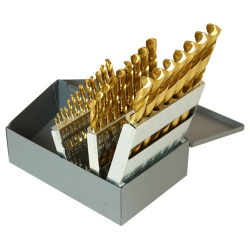 ‎1/16-1/2 RHS / RHC HSS 135 Degree Split Point Heavy Duty Jobber Length Drill Set - TiN - Exact Tool & Supply