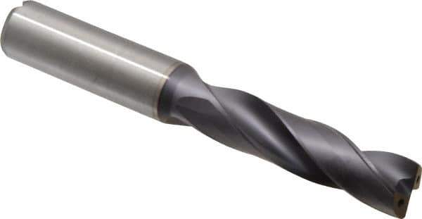 Kennametal - 9/16" 180° Spiral Flute Solid Carbide Screw Machine Drill Bit - TiAlN Finish, Right Hand Cut, 2-9/16" Flute Length, 115mm OAL, Flat-Bottom Point, Straight Shank, Through Coolant - Exact Tool & Supply