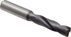 Kennametal - 9/16" 180° Spiral Flute Solid Carbide Screw Machine Drill Bit - TiAlN Finish, Right Hand Cut, 2-9/16" Flute Length, 115mm OAL, Flat-Bottom Point, Straight Shank, Through Coolant - Exact Tool & Supply