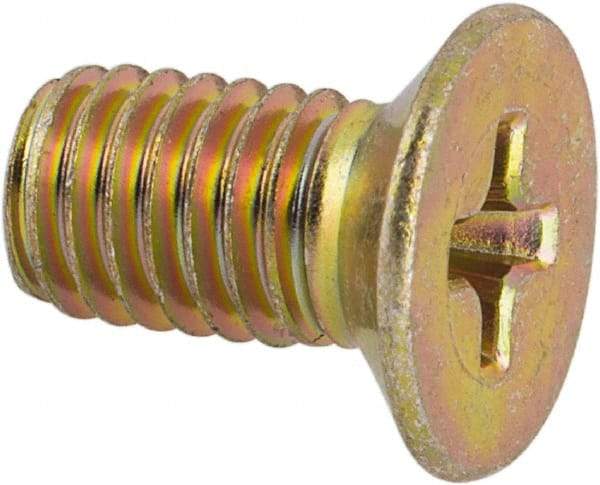 Made in USA - #10-32 UNF, 3/8" OAL Phillips Drive Machine Screw - Flat Head, Grade 3 Steel, Yellow Cadmium-Plated Finish, Without Washer - Exact Tool & Supply