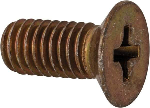 Made in USA - #10-32 UNF, 7/16" OAL Phillips Drive Machine Screw - Flat Head, Grade 3 Steel, Yellow Cadmium-Plated Finish, Without Washer - Exact Tool & Supply