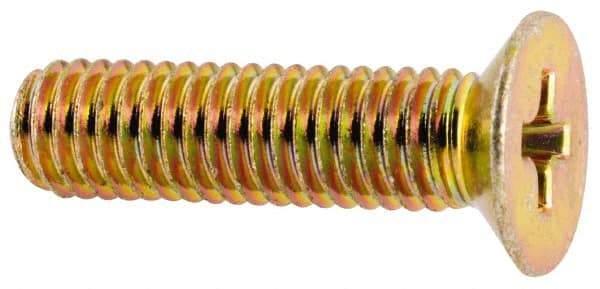 Made in USA - #10-32 UNF, 3/4" OAL Phillips Drive Machine Screw - Flat Head, Grade 3 Steel, Yellow Cadmium-Plated Finish, Without Washer - Exact Tool & Supply