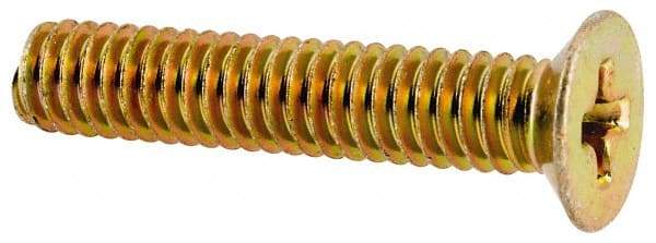 Made in USA - #8-32 UNC, 7/8" OAL Phillips Drive Machine Screw - Flat Head, Grade 3 Steel, Yellow Cadmium-Plated Finish, Without Washer - Exact Tool & Supply