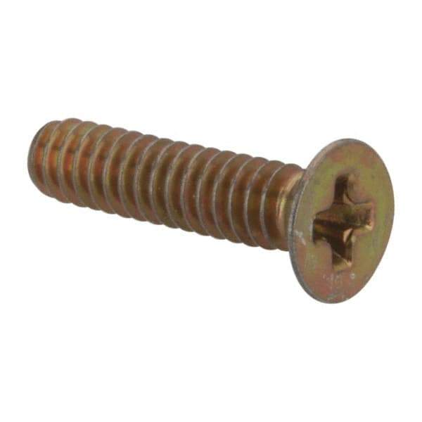 Made in USA - #4-40 UNC, 1/2" OAL Phillips Drive Machine Screw - Flat Head, Grade 3 Steel, Yellow Cadmium-Plated Finish, Without Washer - Exact Tool & Supply