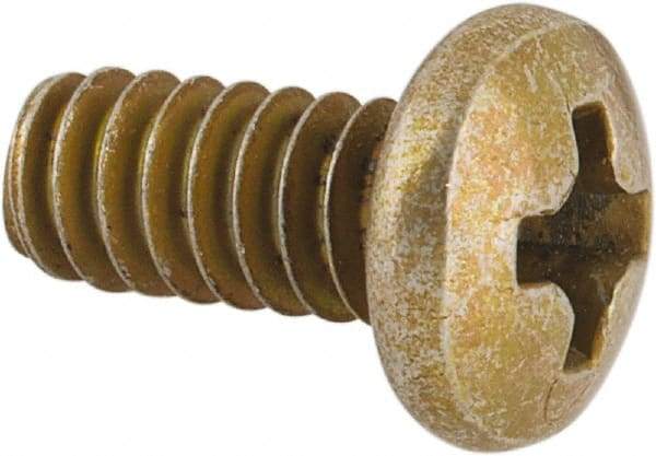 Made in USA - #6-32 UNC, 5/16" Length Under Head Phillips Drive Machine Screw - Pan Head, Grade 3 Steel, Yellow Cadmium-Plated Finish, Without Washer - Exact Tool & Supply