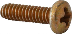 Made in USA - #6-32 UNC, 1/2" Length Under Head Phillips Drive Machine Screw - Pan Head, Grade 3 Steel, Yellow Cadmium-Plated Finish, Without Washer - Exact Tool & Supply