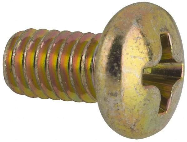 Made in USA - #8-32 UNC, 5/16" Length Under Head Phillips Drive Machine Screw - Pan Head, Grade 3 Steel, Yellow Cadmium-Plated Finish, Without Washer - Exact Tool & Supply