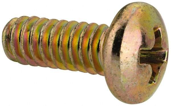 Made in USA - #10-24 UNC, 1/2" Length Under Head Phillips Drive Machine Screw - Pan Head, Grade 3 Steel, Yellow Cadmium-Plated Finish, Without Washer - Exact Tool & Supply