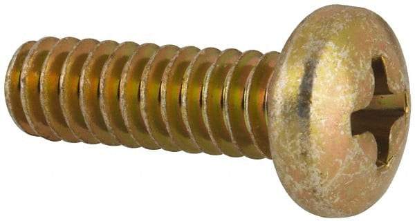 Made in USA - #10-24 UNC, 5/8" Length Under Head Phillips Drive Machine Screw - Pan Head, Grade 3 Steel, Yellow Cadmium-Plated Finish, Without Washer - Exact Tool & Supply