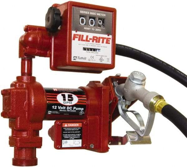 Tuthill - 15 GPM, 3/4" Hose Diam, DC Tank Pump with Manual Nozzle & 807C Meter - 1" Inlet, 3/4" Outlet, 12 Volts, 12' Hose Length, 1/4 hp - Exact Tool & Supply