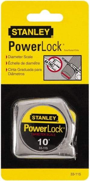 Stanley - 10' x 1/4" Yellow Blade Tape Measure - 1/32 & 1/16" Graduation, Inch Graduation Style, Silver Case - Exact Tool & Supply