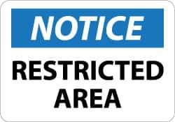 NMC - "Notice - Restricted Area", 10" Long x 14" Wide, Aluminum Safety Sign - Rectangle, 0.04" Thick, Use for Security & Admittance - Exact Tool & Supply