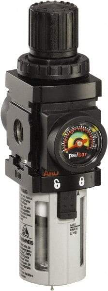 ARO/Ingersoll-Rand - 1/4" NPT Port Miniature 1 Piece Filter/Regulator FRL Unit - Polycarbonate Bowl, 47 SCFM, 150 Max psi, 6.89" High x 1.575" Long, Automatic Drain - Exact Tool & Supply