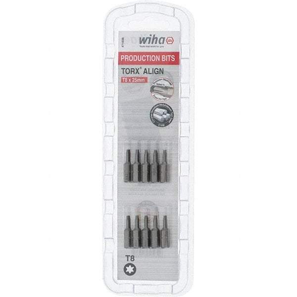 Wiha - 1/4" Drive T8 Torx Screwdriver Bit - 1" OAL, Insert Bit - Exact Tool & Supply