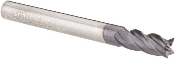 M.A. Ford - 6mm, 13mm LOC, 6mm Shank Diam, 57mm OAL, 4 Flute, Solid Carbide Square End Mill - Single End, TiAlN Finish, Spiral Flute, Variable° Helix, Centercutting, Right Hand Cut, Right Hand Flute, Series 177 - Exact Tool & Supply