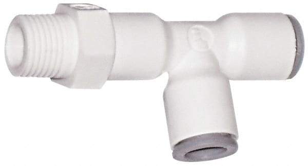 Parker - 3/8" OD, 3/8 NPTF, Bio-Sourced Nylon 11 Push-to-Connect Male Swivel Run Tee - 190 Max psi, White - Exact Tool & Supply